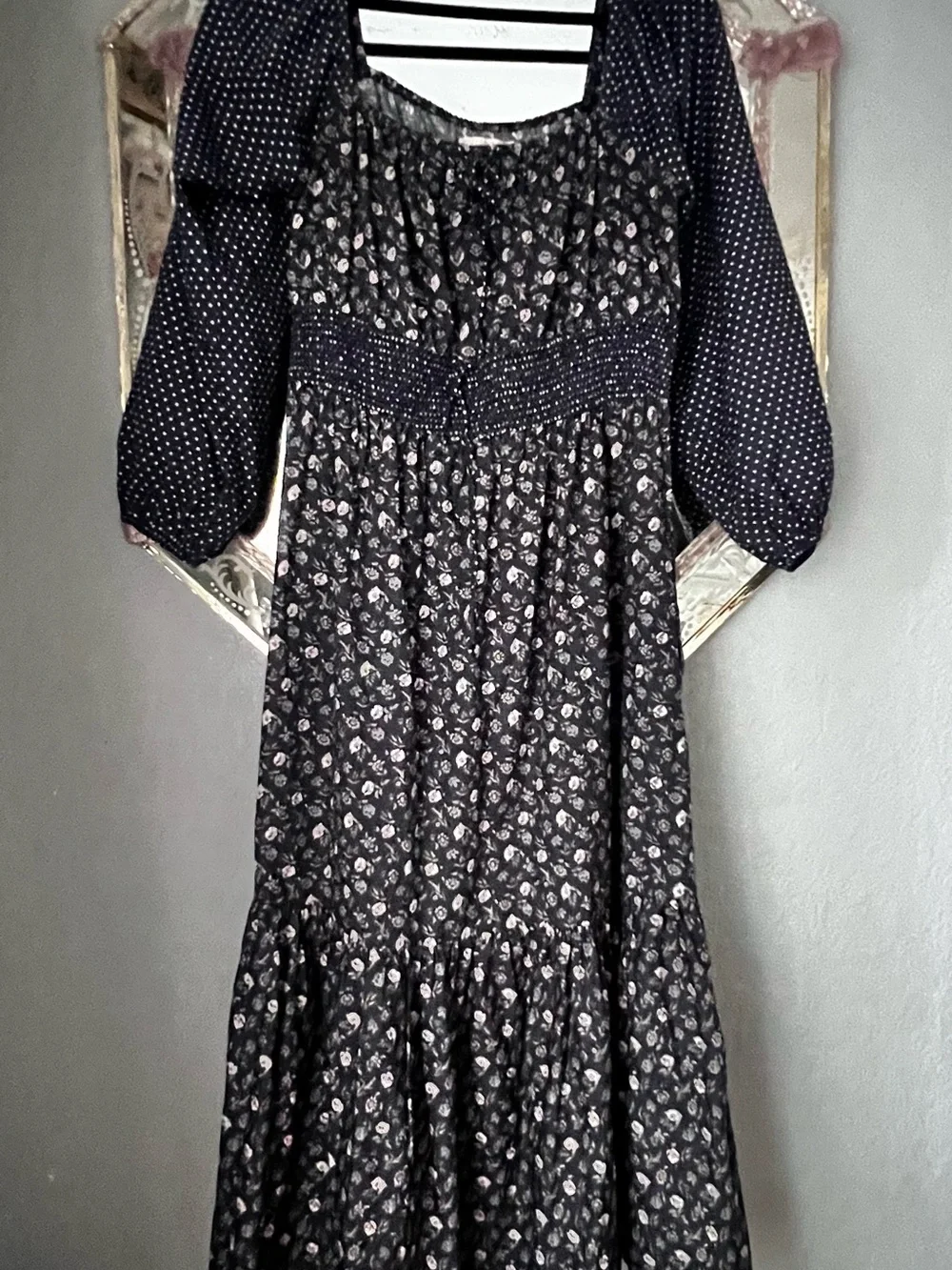 Christy Dawn , Jennica Dress, Navy Floral Dress with White Polka Dot Sleeves